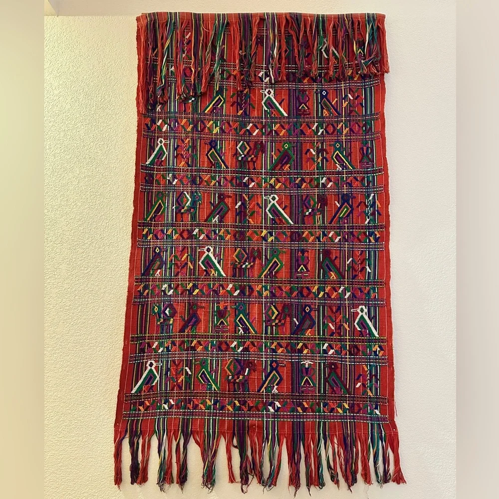 Vintage Guatemalan Ceremonial‎ Textile Red Bird Embroidery Folk Art Wall Hanging